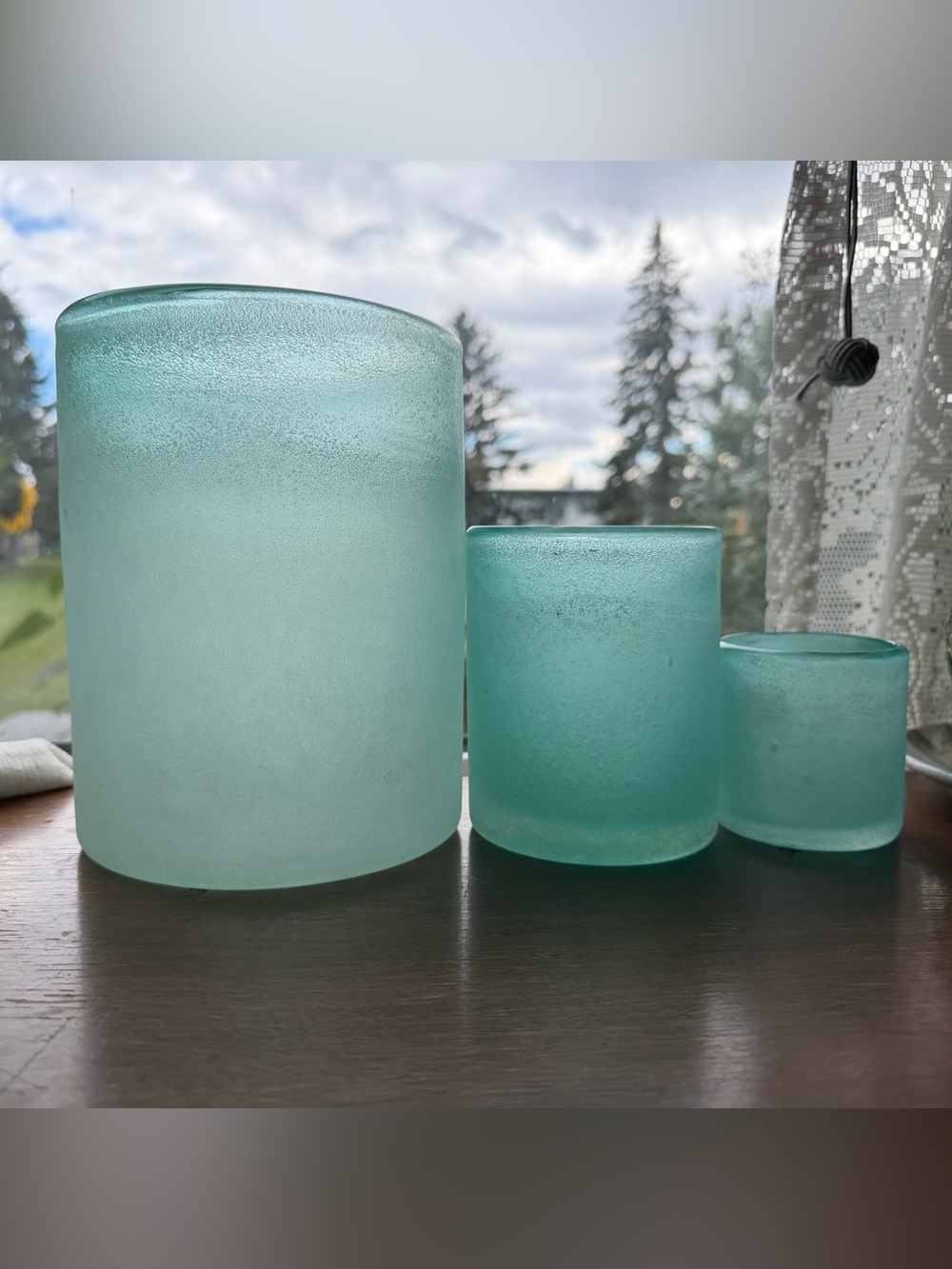 Set of 3 west elm sea glass vases/ candle holders